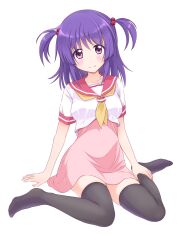  1girl black_thighhighs blush breasts closed_mouth commentary cropped_shirt eyes_visible_through_hair full_body hair_between_eyes hair_bobbles hair_ornament hakuo_school_uniform hand_on_own_leg hayate_no_gotoku! high-waist_skirt highres looking_at_viewer marutae medium_breasts medium_hair neckerchief no_shoes pink_skirt purple_hair red_sailor_collar sailor_collar sailor_shirt school_uniform segawa_izumi serafuku shirt short_sleeves simple_background sitting skirt smile solo split_mouth tareme thigh-highs transparent_background two_side_up violet_eyes wariza white_shirt yellow_neckerchief zettai_ryouiki 