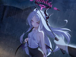  1boy 1girl absurdres ahoge bag black_halo black_horns black_skirt blue_archive breasts center_frills chinese_commentary commentary_request demon_girl demon_horns demon_wings frills grin hair_ornament hairclip halo handbag happy highres hina_(blue_archive) holding holding_strap holding_umbrella horns long_hair looking_at_viewer low_wings multiple_horns outdoors parallel_hairclips parted_bangs pencil_skirt pov pov_hands purple_halo purple_wings rain shirt side_slit skirt sleeveless sleeveless_shirt small_breasts smile suit tenjou_sora transparent transparent_umbrella umbrella very_long_hair violet_eyes white_hair white_shirt wings 