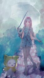  1girl ^_^ ahoge animal bare_arms bare_legs bare_shoulders bow bowtie brown_eyes bush cat chinese_commentary cloak closed_eyes clothed_animal clouds cloudy_sky cobblestone collarbone commentary_request day dot_nose dress ear_covers eyelashes food_print frilled_dress frills fruit_print full_body happy high_heels highres holding holding_umbrella hood hood_up hooded_cloak knees light_blush lipstick long_hair long_sidelocks makeup mary_janes momo_(nikki) nikki_(nikki) nikki_(series) nikki_up2u no_socks outdoors parted_lips path pink_hair pink_lips pink_shoes pleated_dress print_dress pumps rain shoes short_dress sidelocks sky smile strapless strapless_dress strawberry_print tareme transparent transparent_umbrella umbrella very_long_hair waves whiskers white_bow white_bowtie white_cat white_dress white_umbrella x_navel yellow_cloak zhetibixuanc 