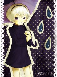  1girl artist_name black_hairband black_lips black_nails coat commentary cowboy_shot hairband highres holding holding_umbrella homestuck looking_at_viewer outline pale_skin polka_dot polka_dot_background purple_coat purple_umbrella rose_lalonde short_hair solo umbrella untranslatable_commentary violet_eyes water_drop white_hair white_outline x0kksa 