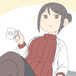  1girl :> black_skirt blush breasts brown_background brown_hair brown_pantyhose closed_mouth crossed_legs cup hair_bun holding holding_cup juukyuu lab_coat medium_breasts mug open_clothes original pantyhose red_sweater ribbed_sweater shiho_(juukyuu) sitting skirt solid_circle_eyes solo sparkle sweater turtleneck turtleneck_sweater two-tone_background v-shaped_eyebrows white_background 