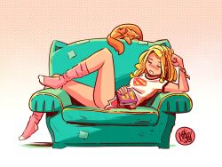 1girl 2024 animal animal-themed_furniture animal_ears animal_request artist_logo artist_name blonde_hair book cat cat_ears cat_tail check_animal couch dated dc_comics full_body gradient_background halftone halftone_background highres holding holding_book logo mikemaihack orange_cat orange_fur pink_background pink_socks red_shorts shirt shorts signature sleeping sleeping_animal socks supergirl supergirl_(dcau) superman:_the_animated_series superman_(series) superman_logo tail white_background white_shirt 