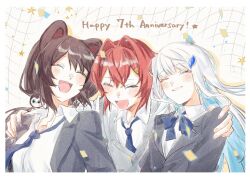  3girls :d ^_^ ange_katrina animal_ears anniversary arm_around_shoulder blue_bow blue_bowtie blue_hair blue_necktie blush bow bowtie brown_hair closed_eyes collared_shirt colored_inner_hair commentary_request confetti crossed_bangs dog_ears dog_hair_ornament english_text grey_background grey_jacket grey_sweater_vest grid_background grin hair_between_eyes hair_intakes hair_ornament hairclip inui_toko jacket lapels lize_helesta long_hair loose_necktie low_twintails medium_hair multicolored_hair multiple_girls necktie nijisanji notched_lapels official_alternate_costume open_clothes open_jacket open_mouth red_hair ritowani sanbaka_(nijisanji) school_uniform shirt smile star_(symbol) sweater_vest twintails two-tone_hair virtual_youtuber white_hair white_shirt 