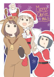  3girls :d :o animal_costume animal_ears animal_hood antlers arm_up black_hair black_pantyhose boots capelet carrying clenched_hand closed_mouth deer_ears dress fake_animal_ears fake_antlers fur-trimmed_boots fur-trimmed_capelet fur-trimmed_dress fur-trimmed_headwear fur_trim hair_ornament hairclip hat holding holding_sack hood horns juukyuu kiyosumi_mashiro_(juukyuu) long_hair maki_(juukyuu) manami_(juukyuu) merry_christmas multiple_girls original pantyhose parted_lips piggyback red_boots red_capelet red_dress red_hat reindeer_antlers reindeer_costume reindeer_hair_ornament reindeer_hood sack santa_costume santa_hat short_hair smile snowflakes solid_circle_eyes very_long_hair 
