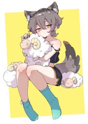  1girl absurdres animal_ear_fluff animal_ears bare_shoulders black_shirt black_shorts blue_socks closed_mouth collarbone commentary crop_top dolphin_shorts dot_mouth dot_nose fingernails full_body grey_fur grey_hair hair_between_eyes highres looking_at_viewer megateru midriff multicolored_eyes nail_polish original red_nails scared sheep shirt shorts simple_background sitting socks solo strap_slip stroking tail thighs wolf_ears wolf_girl wolf_tail yellow_background yellow_trim 
