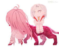  ahoge bandaged_head bandages citri_(path_to_nowhere) countess_chelsea_(path_to_nowhere) crystalline_animal earrings grey_eyes grey_hair hands_on_own_knees high_heels highres jacket jewelry mask mbcc_bori mouth_mask pants path_to_nowhere pink_hair red_shoes riding riding_animal see-through_clothes see-through_mask shoes surgical_mask victoria_(path_to_nowhere) white_jacket white_pants white_shoes 