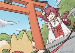  1girl animal_ears bare_shoulders blue_eyes blus blush breasts detached_sleeves dog dog_hair_ornament hair_between_eyes hair_ornament hakama hakama_skirt highres horse_ears horse_girl horse_tail japanese_clothes kimono koshiba_taiyaki leash miko open_mouth pink_hair red_hakama rope sakura_chiyono_o_(umamusume) skirt smile solo tail torii umamusume white_kimono 