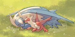  blush claws closed_eyes dragon flower grass highres latias latios no_humans open_mouth outdoors pokemon pokemon_(creature) pokemon_focus red_eyes sana_(sanaa653) smile wings 