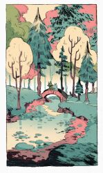  1boy arch_bridge autumn border bridge commentary english_commentary forest graphite_(medium) grass icamebyunicorn mixed_media moomin moomintroll nature outdoors pine_tree river riverbank rock scenery snufkin traditional_media tree water white_border wide_shot 