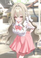  1girl absurdres arms_behind_back blue_archive blurry blurry_background blush bow bowtie braid breasts brown_hair choppy_bangs commentary_request cowboy_shot dating green_halo hair_bow hair_intakes hair_ribbon halo highres large_breasts leaning_forward light_blush long_hair long_sleeves looking_at_viewer miyo_(blue_archive) outdoors parted_lips pink_bow pink_bowtie pink_skirt ribbon ribbon_in_braid shirt skirt smile solo white_bow white_shirt yellow_eyes zuki_(user_mzpz5848) 