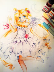  bishoujo_senshi_sailor_moon blonde_hair blue_eyes bracelet colored_pencil_(medium) double_bun dress feathered_wings flower hair_bun hair_flower hair_ornament high_heels highres holding holding_own_dress jewelry marker_(medium) nashi_juni princess_serenity sailor_moon traditional_media white_dress wings 
