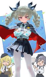  +_+ 3girls absurdres anchovy_(girls_und_panzer) anzio_school_uniform black_bow black_cape black_necktie blonde_hair bow braid cape carpaccio_(girls_und_panzer) closed_eyes commentary_request confetti crossed_arms drill_hair girls_und_panzer green_hair hair_bow hand_fan highres long_hair miniskirt multiple_girls necktie pantyhose paper_fan pepperoni_(girls_und_panzer) pleated_skirt red_eyes riding_crop school_uniform shirt skirt twin_drills twintails uchiwa white_pantyhose white_shirt ymyoat 
