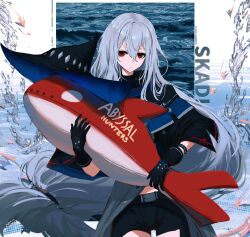  1girl absurdres arknights black_cape black_gloves black_hat black_shirt black_shorts blue_hat blue_jacket cape commentary cowboy_shot double-parted_bangs english_text gloves grey_hair hair_between_eyes hat highres infection_monitor_(arknights) jacket long_hair looking_at_viewer low-tied_long_hair malai_lo multicolored_hat orca parted_lips red_eyes red_trim shirt shorts skadi_(arknights) solo unworn_hat unworn_headwear very_long_hair water witch_hat 