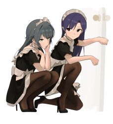  2girls absurdres bad_id bad_twitter_id black_dress black_shoes blue_hair brown_eyes brown_pantyhose closed_mouth dress enmaided gakuen_idolmaster green_eyes green_hair high_heels highres idolmaster idolmaster_(classic) in-franchise_crossover kisaragi_chihaya light_frown light_smile long_hair maid maid_headdress multiple_girls on_one_knee pantyhose shoes soayo squatting tsukimura_temari 