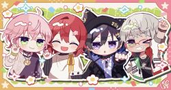  4boys :o ahoge arurandeisu arurandeisu_(1st_costume) black_choker black_hair black_jacket blush choker clenched_hand closed_eyes cropped_torso flower glasses green_eyes grey_hair grin hair_flower hair_ornament hanasaki_miyabi hanasaki_miyabi_(1st_costume) highres holostars hood hooded_jacket jacket jewelry kanade_izuru kanade_izuru_(1st_costume) layered_sleeves long_sleeves male_focus multiple_boys necklace one_eye_closed open_mouth panipa pendant pink_flower pink_hair red-framed_eyewear red_hair rikka_(1st_costume)_(holostars) rikka_(holostars) sekai_ichi_(holostars) shirt short_hair short_over_long_sleeves short_sleeves smile spiked_choker spikes sweater teeth upper_body violet_eyes virtual_youtuber white_jacket white_shirt 