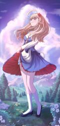  1girl :d absurdres ahoge blonde_hair blue_bodice blue_dress blue_hair blue_shoes blue_skirt blue_sky blurry blurry_background blush bodice braid breasts bush closed_eyes clothes_lift clouds cloudy_sky commentary day depth_of_field dress elf flower flower_ornament forest full_body grass hair_flower hair_ornament high_heels highres indie_virtual_youtuber kochang17 long_hair long_sleeves lyydia_(sunako) medium_breasts nature open_mouth outdoors pleated_skirt pointy_ears puffy_sleeves red_flower rock shirt shoes skirt skirt_lift sky smile socks solo standing teeth tree twin_braids virtual_youtuber white_dress white_shirt white_socks wind zettai_ryouiki 