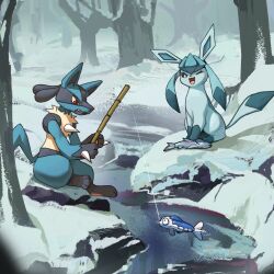  bare_tree blue_fur fang fish fishing fishing_rod glaceon highres holding holding_fishing_rod imminent_attack jackalarts looking_at_another lucario no_humans one_eye_closed open_mouth pokemon pokemon_(creature) pokemon_focus red_eyes river scared sitting smile snow tree wide-eyed winter wishiwashi wishiwashi_(solo) 