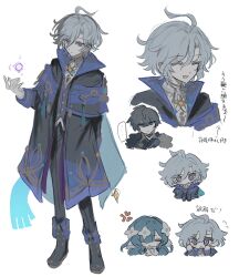 ^_^ ahoge angry black_pants blue_collar blue_eyes blue_hair boots center-flap_bangs chibi closed_eyes collar flower genshin_impact green_hair hair_flower hair_ornament hands_on_own_cheeks hands_on_own_face head_tilt highres inagoinaire jacket mitya_(genshin_impact) multicolored_jacket pants purple_hair scarf shirt speech_bubble standing tassel valeriy_(genshin_impact) vest violet_eyes vodyanitsa_(genshin_impact) white_background white_shirt 