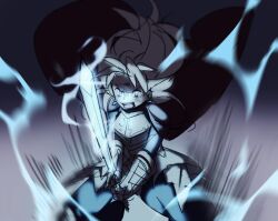  1boy anpolly armor blonde_hair blue_pants breastplate commentary_request earrings floating_cape floating_hair gauntlets glowing glowing_sword glowing_weapon holding holding_sword holding_weapon jewelry legs_apart long_hair looking_at_viewer male_focus open_mouth pants puffy_pants sekaiju_no_meikyuu sekaiju_no_meikyuu_3 solo sovereign_(sekaiju) sovereign_3_(sekaiju) sword teeth upper_teeth_only v-shaped_eyebrows weapon 