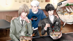  3boys akechi_goro amamiya_ren black-framed_eyewear black_hair blue_hair brown_hair chair chopsticks commentary_request fish_(food) food glasses grey_eyes hand_on_another's_shoulder headscarf highres holding holding_chopsticks kanou_shun multiple_boys necktie official_art persona persona_5 persona_5:_the_phantom_x red_eyes school_uniform shijima_tohiro shuujin_academy_school_uniform striped_clothes striped_necktie sweatdrop table 