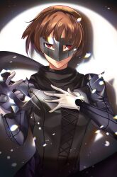  1girl absurdres biker_clothes bikesuit bodysuit braid brown_hair commentary cross-laced_clothes crown_braid english_commentary gloves grey_mask highres long_scarf mask metal_mask niijima_makoto persona persona_5 queen_(persona_5) red_eyes scarf short_hair shoulder_spikes simple_background spiked_knuckles spikes spotlight standing upper_body wanderstillart white_gloves 