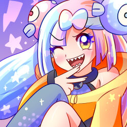  1girl angelrosestar artist_name blue_hair blush bow-shaped_hair character_hair_ornament commentary eyelashes fingernails hair_ornament iono_(pokemon) lightning_bolt_symbol long_sleeves magnemite multicolored_hair one_eye_closed open_mouth pink_hair pokemon pokemon_scarlet_and_violet sharp_teeth smile solo star_(symbol) teeth two-tone_hair v v-shaped_eyebrows 