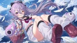  1girl :d ;d ardenlolo bag belt black_belt black_gloves black_socks bow brown_shoes clouds commentary_request day falling_feathers feathers fingerless_gloves floating full_body gloves grey_hair grin gun hair_between_eyes hair_bow highres holding holding_gun holding_weapon hololive hololive_english jewel_under_eye kneehighs koseki_bijou koseki_bijou_(serafuku) leg_warmers loafers long_hair long_hair_between_eyes looking_at_viewer midair midriff miniskirt neckerchief one_eye_closed outdoors pebble_(koseki_bijou) pleated_skirt purple_neckerchief sailor_collar school_bag shirt shoes skirt smile socks solo violet_eyes virtual_youtuber weapon white_leg_warmers white_sailor_collar white_shirt white_skirt 