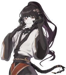 1other absurdres au_ra black_gloves black_hair black_horns black_scales black_tail colored_skin commission commissioner_upload dragon_horns elbow_gloves final_fantasy final_fantasy_xiv flower gloves grey_skin hair_flower hair_ornament high_ponytail highres horns izumi_tol_amulius japanese_clothes kimono long_hair long_sleeves looking_at_viewer non-web_source obi obijime open_mouth original other_focus ponytail red_eyes sash scales skeb_commission smile solo tail wide_sleeves yukata yuma-zusuki 