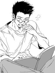  1boy arm_up book chubsbunny2026 closed_eyes collarbone commentary_request crew_neck glasses greyscale highres hunter_x_hunter leorio_paladiknight lower_teeth_only male_focus monochrome open_book open_mouth pants round_eyewear shirt short_hair sideburns sitting sketch solo squeans t-shirt teeth very_short_hair white_background yawning 