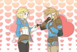  1boy 1girl arm_behind_back belt black_pants blonde_hair blue_eyes blush brown_belt brown_gloves brown_pants champion's_tunic_(zelda) commentary covering_own_mouth earrings gloves green_eyes heart heart_background hetero holding holding_heart jewelry korean_commentary link looking_at_another none_(none18411) pants pointy_ears princess_zelda short_hair the_legend_of_zelda the_legend_of_zelda:_tears_of_the_kingdom 