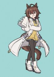  1girl agnes_tachyon_(tach-nology)_(umamusume) agnes_tachyon_(umamusume) ahoge animal_ears black_necktie black_pantyhose brown_hair chemical_structure coat cork earrings hair_between_eyes highres horse_ears horse_girl horse_tail jewelry koshiba_taiyaki lab_coat long_sleeves necktie pantyhose parted_lips red_eyes shirt shoes short_necktie single_earring sleeves_past_fingers sleeves_past_wrists smile solo sweater sweater_vest tail test_tube umamusume white_coat white_shoes wolf_cut yellow_sweater yellow_sweater_vest 