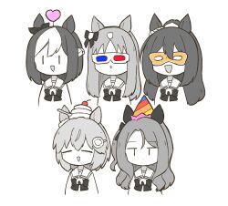  5girls :d =_= among_us animal_ears bow bowtie cheno_(amakuchi_mustard) commentary_request crewmate_(among_us) ear_bow ear_covers ear_ribbon el_condor_pasa_(umamusume) eye_mask flower golden_generation_(umamusume) grass_wonder_(umamusume) greyscale hair_flower hair_ornament highres horse_ears horse_girl horseshoe_ornament king_halo_(umamusume) long_hair mask monochrome multiple_girls pakatube partially_colored school_uniform seiun_sky_(umamusume) short_hair simple_background smile special_week_(umamusume) sunflower sunflower_hair_ornament tracen_school_uniform umamusume upper_body white_background |_| 