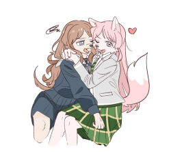  2girls animal_ears animal_nose bang_dream! bang_dream!_it's_mygo!!!!! blazer blue_eyes blue_shirt blue_skirt chihaya_anon commentary_request cropped_legs dog_ears dog_girl dog_tail fox_ears fox_girl fox_tail furrification furry furry_female green_necktie green_skirt grey_jacket haneoka_school_uniform hug jacket korean_commentary long_sleeves multiple_girls nagasaki_soyo necktie open_mouth saiaku_dan school_uniform shirt simple_background sitting skirt snout striped_clothes striped_necktie tail tsukinomori_school_uniform white_background yuri 