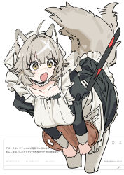  1girl absurdres ahoge animal_ear_fluff animal_ears astrae_oratio bent_over breasts collarbone cropped_legs fangs frills hair_intakes haruyuki_(gffewuoutgblubh) highres holding holding_plate large_breasts light_blush maid open_mouth plate sakuba_yuki tail tail_wagging translation_request white_background white_hair wolf_ears wolf_girl wolf_tail yellow_eyes 