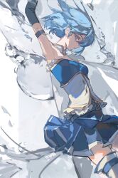  1girl arm_up armlet armpits bare_shoulders belt belt_buckle blue_belt blue_eyes blue_gem blue_hair blue_shirt blue_skirt blue_sleeves buckle buttons cape chinese_commentary closed_mouth clothing_cutout collared_cape commentary_request cowboy_shot detached_sleeves diamond_button eyelashes falling floating_cape floating_clothes floating_hair frilled_shirt frills gem gold_buckle grey_pupils hair_between_eyes high-waist_skirt high_collar highres hydrokinesis jewelry light_frown long_sleeves magical_girl mahou_shoujo_madoka_magica mahou_shoujo_madoka_magica_(anime) miki_sayaka miki_sayaka_(magical_girl) miniskirt pleated_skirt shirt short_hair skirt solo stomach_cutout stomach_jewel strapless strapless_shirt thigh-highs thigh_belt thigh_strap ttearecoll two-tone_shirt water water_drop watermark weibo_watermark white_background white_cape white_shirt white_thighhighs 