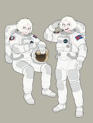  1girl astronaut blue_eyes grey_background hellonearthiii helmet highres holding holding_unworn_helmet icelandic_flag looking_at_viewer multiple_views open_mouth original ragna_(hellonearthiii) salute simple_background sitting solo space_helmet standing teeth unworn_headwear unworn_helmet upper_teeth_only white_hair 