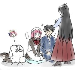  02surume angel angry black_hair commentary_request crack cracked_floor crossed_arms cushion glasses hair_ribbon hairband hands_on_lap hisui_(tsukihime) in_trouble_template_(meme) kohaku_(tsukihime) maid meme red_hair red_skirt ribbon school_uniform seiza shirt sitting skirt standing tohno_akiha tohno_shiki tsukihime white_background white_hairband white_shirt zabuton 