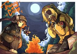  2girls absurdres blonde_hair campfire closed_eyes closed_mouth curled_horns english_text eye_mask foliage gloves hair_ornament harmonica hat highres holding holding_instrument horns instrument jacket leggings long_hair long_sleeves magus_(zenless_zone_zero) mask moon mujib multiple_girls orange_hair orphie_magnusson pale_skin ponytail sitting star_(sky) tail tent trigger_(zenless_zone_zero) zenless_zone_zero 