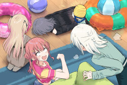  4girls ball bang_dream! bang_dream!_our_notes beachball black_shirt blonde_hair brown_dress crop_top double_bun dress face_down green_shirt hair_bun half_updo highres holding long_sleeves lying mahashi_miku midriff multiple_girls off-shoulder_shirt off_shoulder on_floor on_stomach pink_hair pink_shirt shinomiya_shizuku shirt twintails two_side_up umezato_chieri white_hair wooden_floor yakura_yomogi yukitake_(bullfalk) 