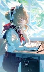  1girl absurdres alternate_costume bag bare_shoulders black_hair blue_eyes book brown_hair closed_mouth desk dress genshin_impact highres long_hair miaogujun multicolored_hair multiple_girls sailor_collar sandrone_(genshin_impact) school_bag school_desk school_uniform serafuku shirt short_hair short_hair_with_long_locks sitting skirt solo white_shirt window 