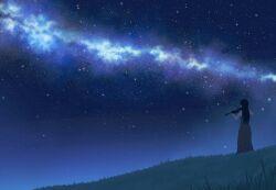 1girl black_hair commentary_request dress dutch_angle from_behind full_body galaxy highres hill instrument jam&amp;cream long_hair night original playing_instrument playing_violin sky solo space standing star_(sky) starry_sky 