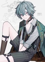  1boy ahoge alternate_costume aqua_hair aqua_jacket artist_name beads black_choker black_shorts black_vest blue_eyes brown_jacket brown_socks buttons choker closed_mouth collarbone collared_shirt cowboy_shot crossed_bangs dagger dragon earrings empty_eyes eyelashes floral_print garter_belt genshin_impact hair_between_eyes half-closed_eyes highres jacket jewelry knife lapels lohen_(genshin_impact) long_sleeves looking_at_viewer male_focus mole mole_under_eye onore_v24 open_clothes open_jacket pink_pupils shirt short_hair shorts single_earring sitting smile socks solo striped_clothes striped_shorts striped_vest tassel tassel_earrings two-sided_fabric two-sided_jacket vest watermark weapon white_background white_shirt 