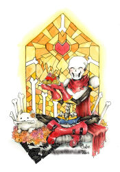  1boy 2018 2d animal annoying_dog armor artist_name belt blue_shorts bone boots cape claire8783 closed_eyes dog duo flower food fork full_body gloves heart heart_print highres hip_bones holding holding_food holding_plate humanoid indian_style male male_focus male_only monster monster_boy orange_flower papyrus_(undertale) pasta plate print_armor red_boots red_cape red_gloves red_soul_(utdr) shorts signature simple_background sitting skeleton skull_print smile soul_(utdr) spaghetti spine stained_glass teeth traditional_media undead undertale utdr_(toby_fox) watercolor_(medium) watermark white_armor white_background white_dog white_fur yellow_belt yellow_trim 