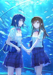  2girls absurdres adachi_sakura adachi_to_shimamura animal aquarium_tunnel bag blue_bag blue_eyes blue_hair blue_skirt bow bowtie brown_hair chinese_commentary closed_mouth collared_shirt commentary_request eye_contact feet_out_of_frame highres holding_hands long_hair looking_at_another lrhwushang multiple_girls orange_eyes pink_bow pink_bowtie plaid_clothes plaid_skirt school_bag school_of_fish shimamura_hougetsu shirt shirt_tucked_in short_hair short_sleeves shoulder_bag skirt standing straight_hair summer_uniform white_shirt yuri 