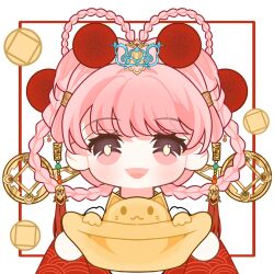  1girl bow-shaped_hair braid braided_hair_rings bright_pupils brown_eyes cat chibi chinese_clothes chinese_commentary chinese_new_year coin commentary_request eyelashes eyes_visible_through_hair gold_coin hair_ornament hair_rings hair_tubes hanfu happy highres holding holed_coin light_blush little_fortune_god_(shining_nikki) long_sleeves nikki_(nikki) nikki_(series) open_mouth outside_border pink_hair pom_pom_(clothes) pom_pom_hair_ornament qi05194738 red_hanfu shining_nikki short_hair smile solo straight-on tareme tassel tassel_hair_ornament upper_body white_background wide_sleeves yellow_pupils yuanbao 