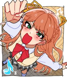  1girl blush bow braid breasts brown_hair checkered_clothes checkered_skirt collared_shirt commentary_request green_eyes grey_skirt hair_ribbon highres maitakepasuta musical_note open_mouth persona persona_5 persona_5:_the_phantom_x red_bow ribbon shirt skirt smile socks solo takanashi_ritsuka white_socks yellow_ribbon 
