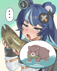  ... 1girl absurdres animal animal_ears aqua_background arms_up bear bear_ears black_choker black_jacket blue_eyes blue_hair blue_nails blush choker colored_inner_hair commentary drooling embarrassed english_commentary fang feral_instincts fish fish_(food) fujikura_uruka fujikura_uruka_(1st_costume) gerumani555 hair_ornament hairclip half-closed_eyes highres holding holding_animal holding_fish hood hooded_jacket jacket jitome long_hair long_sleeves looking_at_viewer mouth_drool multicolored_hair multicolored_jacket musical_note musical_note_hair_ornament nail_polish narrowed_eyes nose_blush open_mouth parallel_hairclips phase_connect simple_background solo spoken_animal spoken_ellipsis streaked_hair sweatdrop thick_eyebrows two-tone_background two-tone_hair upper_body v-shaped_eyebrows virtual_youtuber white_background x_x 