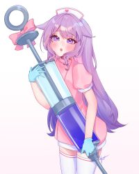  1girl absurdres black_thighhighs blush dress hair_flaps hair_intakes hat highres hololive hololive_english hoshiiii_art hugging_object koseki_bijou long_hair nurse_cap open_mouth oversized_object pink_dress puffy_short_sleeves puffy_sleeves purple_hair short_sleeves simple_background solo thigh-highs very_long_hair violet_eyes virtual_youtuber white_background white_hair white_hat zettai_ryouiki 