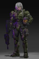  1girl armor battle_rifle br55 braid bullpup commentary commission english_commentary full_body green_armor gun halo_(series) helmet highres holding holding_gun holding_weapon power_armor rifle shipian solo spartan_(halo) standing unworn_headwear unworn_helmet vgen_commission weapon white_hair 