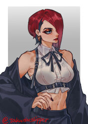  absurdres asymmetrical_bangs bare_shoulders black_hair black_jacket black_ribbon blue_eyes border breasts collared_shirt commentary_request crop_top earrings eyebrow_cut gachiakuta grey_background hair_over_one_eye highres hyouka_nijiku jacket jewelry lipstick looking_to_the_side makeup medium_breasts multicolored_hair nail_polish navel off_shoulder red_hair red_lips red_nails ribbon shirt short_hair sleeveless sleeveless_shirt taku_the_slippers triangle_earrings twitter_username two-tone_hair upper_body white_border white_shirt 
